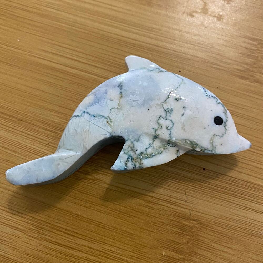 Howlite Dolphin Carved Gemstone Figurine 3.5” Blue White Marbled Stone Decor